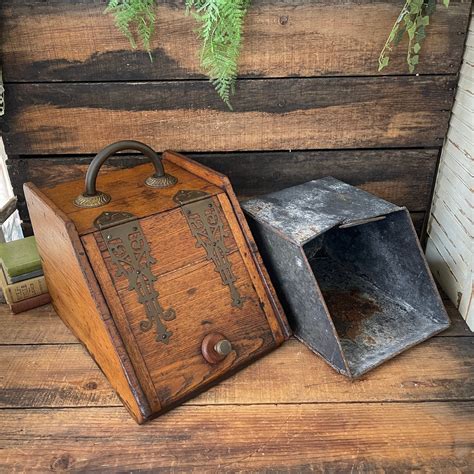 antique wood coal box and pull out metal drawer|antique coal storage containers.